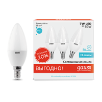 Gauss Лампа Elementary Свеча 7W 470lm 4100K E14 (3 лампы в упаковке) LED 33127T фото