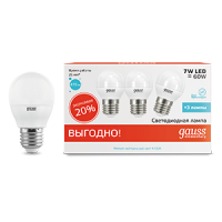 Gauss Лампа Elementary Шар 7W 470lm 4100K E27 (3 лампы в упаковке) LED 53227T фото