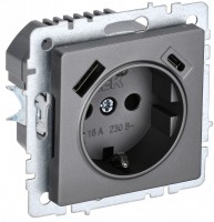 IEK Brite Base сталь розетка с заземлением и шторками, 16А с USB A+C 18Вт BR-R14-16-U22-018-K46 фото