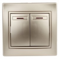 Intro 1-105-04 Выключатель двойной с подсветкой, 10А-250В, IP20, СУ, Plano, шампань (10/200/2400) Б0030047 фото
