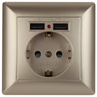 Intro 4-410-04 Розетка P+E Schuko со шторками, 16А-250В + 2хUSB, СУ, Solo, шампань (10/100/2500) Б0043406 фото
