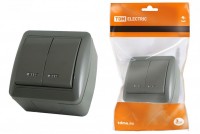 TDM Выключатель 2-кл. открытой установки с подсветкой IP44 10А серый 