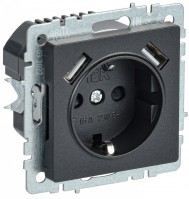 IEK Brite Base чёрный розетка с заземлением и шторками, 16А с USB A+A 2,1А BR-R14-16-U21-D21-K02 фото