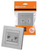 TDM Розетка телефонная RJ11 + компьютерная RJ45 серебр. металлик 