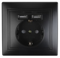 Intro Розетка Plano 1-410-05 с заземлением 2P+E Schuko со шторками, 16А-250В + 2хUSB 5В-2,1А, IP20, СУ, антрацит Б0053946 фото
