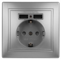 Intro Розетка Plano 1-410-03 с заземлением 2P+E Schuko со шторками, 16А-250В + 2хUSB 5В-2,1А, IP20, СУ, алюминий Б0053944 фото