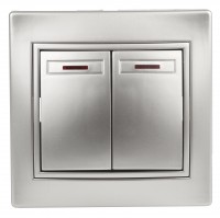 Intro Выключатель Plano 1-105-03 двухклавишный с подсветкой, 10А-250В, IP20, СУ, алюминий Б0053777 фото