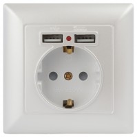 Intro Розетка Solo 4-410-06 с заземлением P+E Schuko со шторками, 16А-250В + 2хUSB, IP20, СУ, перламутр Б0053718 фото
