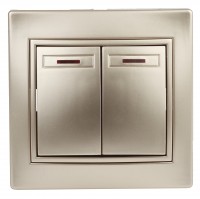 Intro Выключатель Plano 1-105-04 двухклавишный с подсветкой, 10А-250В, IP20, СУ, шампань Б0053778 фото