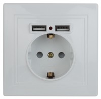 Intro Розетка Plano 1-410-01 с заземлением 2P+E Schuko со шторками, 16А-250В + 2хUSB 5В-2,1А, IP20, СУ, белый Б0053942 фото