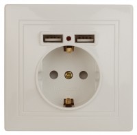 Intro Розетка Plano 1-410-02 с заземлением 2P+E Schuko со шторками, 16А-250В + 2хUSB 5В-2,1А, IP20, СУ, слоновая кость Б0053943 фото