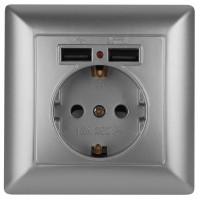 Intro Розетка Solo 4-410-03 с заземлением P+E Schuko со шторками, 16А-250В + 2хUSB, IP20, СУ, алюминий Б0053715 фото