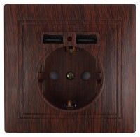 Intro Розетка Plano 1-410-10 с заземлением 2P+E Schuko со шторками, 16А-250В + 2хUSB 5В-2,1А, IP20, СУ, венге Б0053948 фото