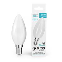 Лампа Gauss Basic Filament Свеча 4,5W 400lm 4100К Е14 milky  LED 1/10/50 1035125 фото
