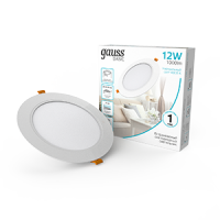 Светильник Gauss Basic Downlight круг 12W 1000m 4000K 170-260V IP20 145*26 белый LED 1/60 9030420212 фото