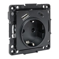 Стокгольм Механизм Розетки 1-местной с/з, USB A+C 16А винтовые клеммы черный с защ. штор. EKF EZR16-2USB-typeA-typeC фото