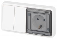 Блок розетка с выключателем ЭРА Эксперт 11-7522-01 двойной IP55, 16A(10AX)-250В, СУ, белый Б0063274 фото