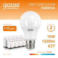 Лампа светодиодная Elementary 15Вт A60 грушевидная 3000К тепл. бел. E27 1320лм 23215 Gauss pe575509 фото