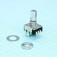 PEC11R-4215K-S0024 Энкодер PEC11, 24 щелчка, 24 импульса, металлический вал с насечкой 15мм, с кнопкой, горизонтальные выводы,крепление на гайку 7мм BOURNS pe93210 фото