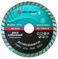 Диск отрезной алмазный Турбо волна GreatFlex Light, 125 x 2.3 x 7.0 x 22.2 мм 55-778 FIT pe801307 фото