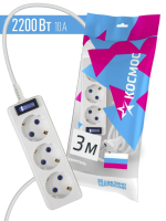 Удлинитель 3х3м с заземл. 10А IP20 ПВС 3х0.75 с выкл. YKsm3m-3g-Z-V(10A)P Космос pe558131 фото