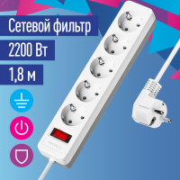 Удлинитель с сетевым фильтром 5х1.8м с заземл. 10А IP20 2.2кВт ПВС 3х0.75 с выкл. с индикатором сети бел. FKsm1.8m-5g(W) Космос pe558423 фото