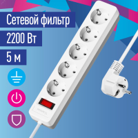 Удлинитель с сетевым фильтром 5х5м с заземл. 10А IP20 2.2кВт ПВС 3х0.75 с выкл. с индикатором сети бел. FKsm5m-5g(W) Космос pe558425 фото