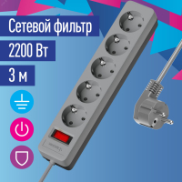 Удлинитель с сетевым фильтром 5х3м с заземл. 10А IP20 2.2кВт ПВС 3х0.75 с выкл. с индикатором сети сер. FKsm3m-5g(G) Космос pe558427 фото