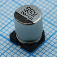 HHXC250ARA101MF80G Полимерный гибридный алюминиевый конденсатор 100мкФ 25В ±20%( 6.3 X 7.7мм) для поверностного монтажа 0.03Ом 1400мА 4000час 125°C лента на катушке CHEMI-CON pe601229 фото