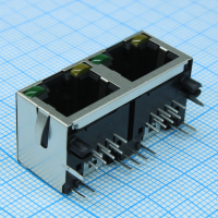 RJHSE-5384-02 Разъем RJ-45 розетка 16 контактов шаг 1.02мм угловой монтаж в отверстие 24 терминала 2 порта AMPHENOL pe551374 фото