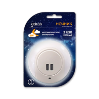 Сетевой адаптер ночник Gauss модель NS001 1W 220-240V 2USB LED 1/10/120 NS001 фото